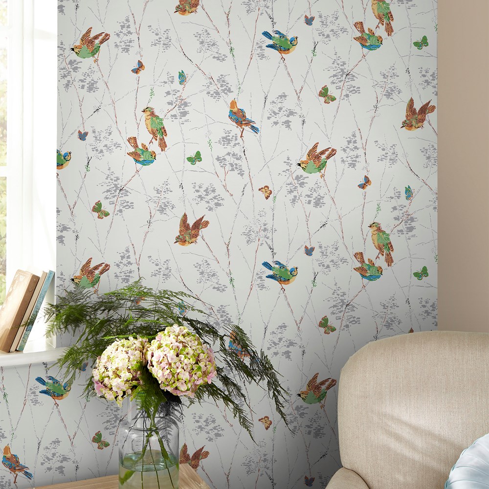 Aviary Bird Wallpaper 115260 by Laura Ashley in Natural